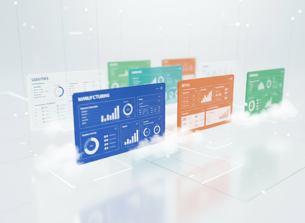 An array of floating translucent panels representing different business sectors—each panel displaying a realistic miniature ERP dashboard for retail, manufacturing, services, and logistics—suspended in a bright, white, abstract digital space. Subtle colored accents distinguish each sector: deep blue for industry, green for logistics, orange for retail, teal for services. Soft, diffused studio lighting creates gentle reflections on the semi-glossy panels and a subtle glow around their edges, suggesting cloud-based technology. Shot from a slightly elevated angle with a wide lens, the foremost panels are in sharp focus while others recede in a tasteful blur, giving a sense of depth and modularity. The mood is innovative, scalable, and customizable, rendered in clean photographic realism with a futuristic, professional SaaS aesthetic.