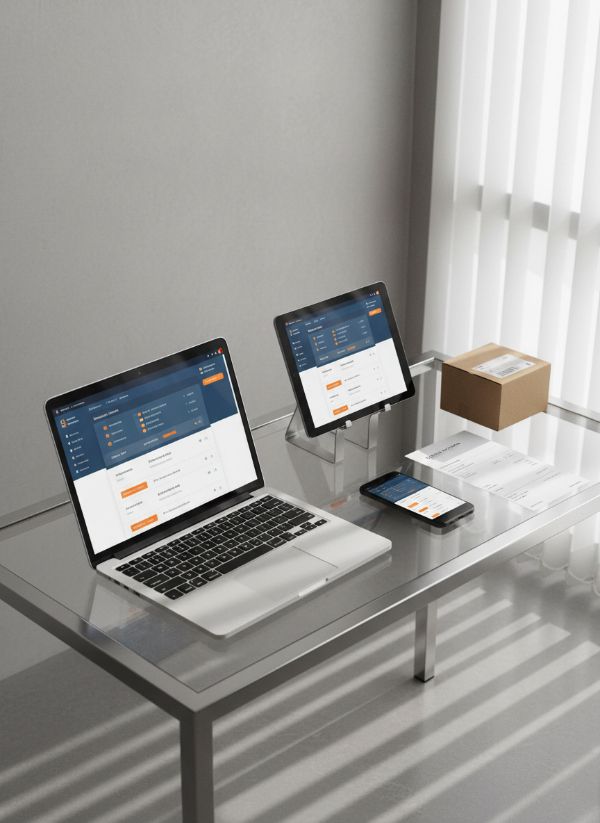 A minimalist, glass-topped desk in a contemporary office, holding three devices: an open laptop, a tablet standing on a slim metal stand, and a smartphone lying flat, all displaying synchronized ERP dashboards with Spanish UI labels and consistent brand colors. A small, closed cardboard shipping box and a printed invoice rest beside the devices, hinting at real SME operations. Natural daylight streams in from the right, filtered through sheer blinds, casting long, soft shadows and creating subtle reflections in the glass surface. The scene is captured from a high three-quarter angle, emphasizing multi-device accessibility and 100% online workflow. The focus is sharp throughout, with a clean, neutral background. The mood is calm, reliable, and business-focused, with photographic realism and a polished, modern aesthetic.